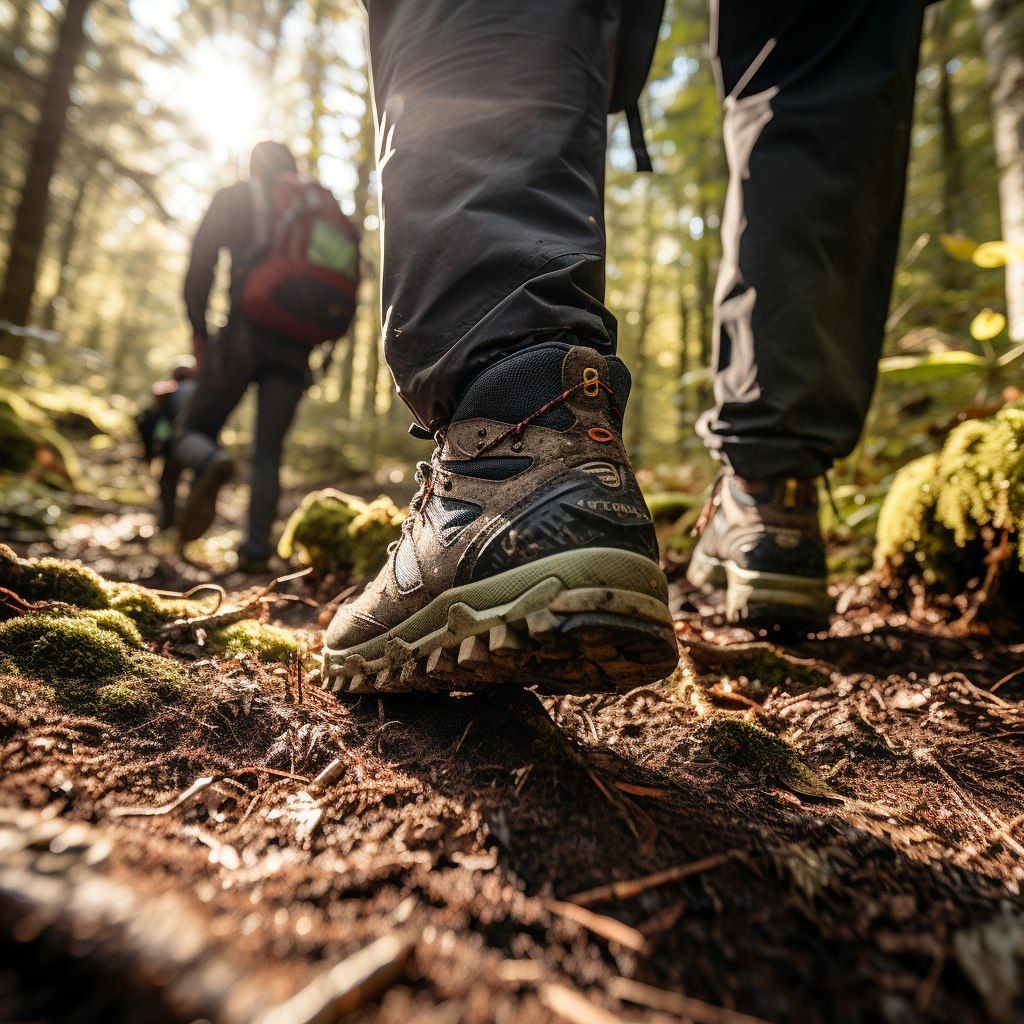 RN-01 ASHFALL trail boot in the field, muddy outsole on a forest path