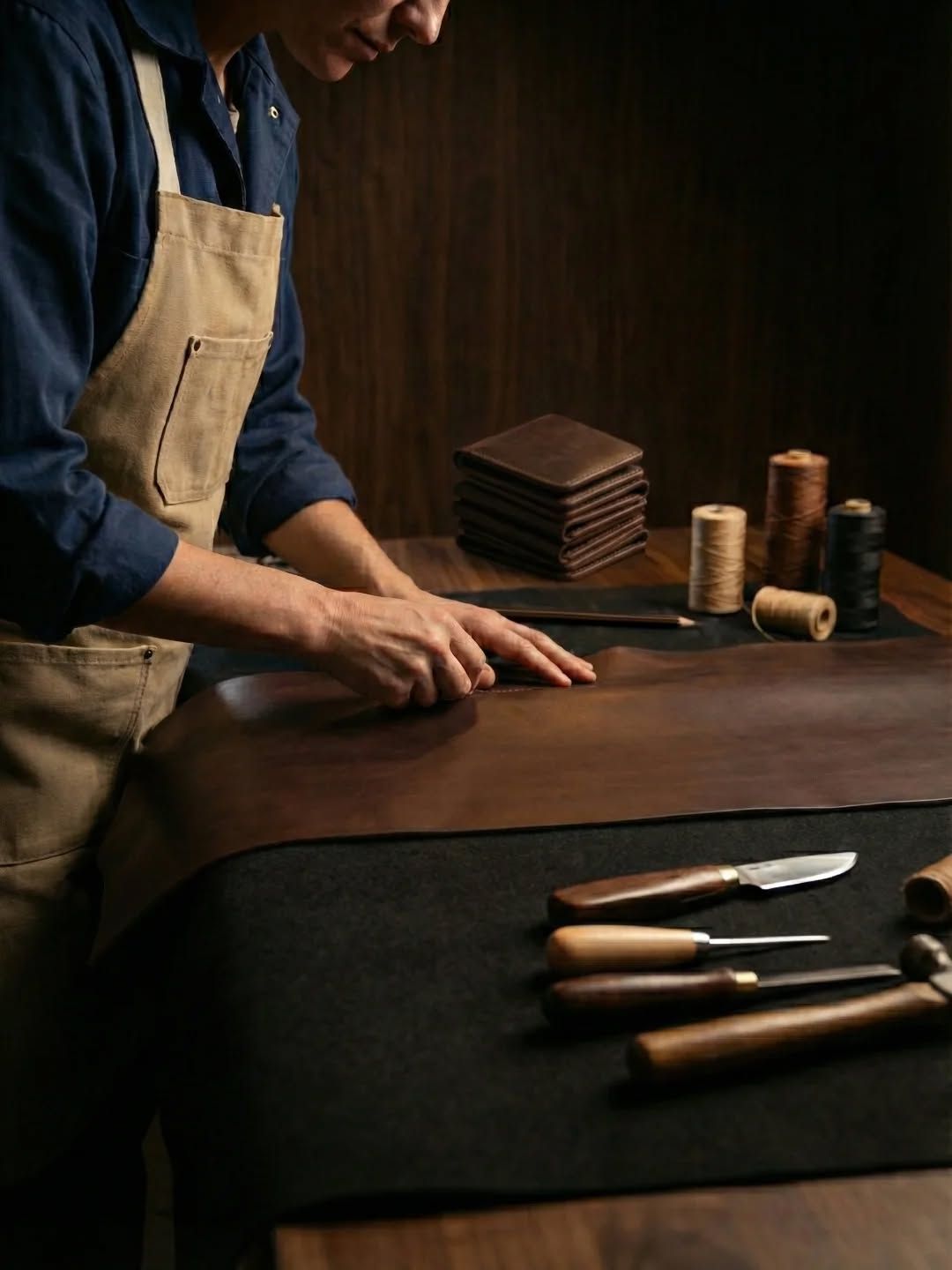 RONIN86 craftsperson hand-cutting leather at the Osaka atelier workbench